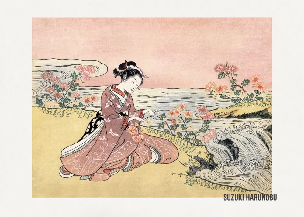 Japanese Woman Picking Chrysanthemum (1725 1770) Vintage Woodblock Print by Suzuki Harunobu — canvas wall art