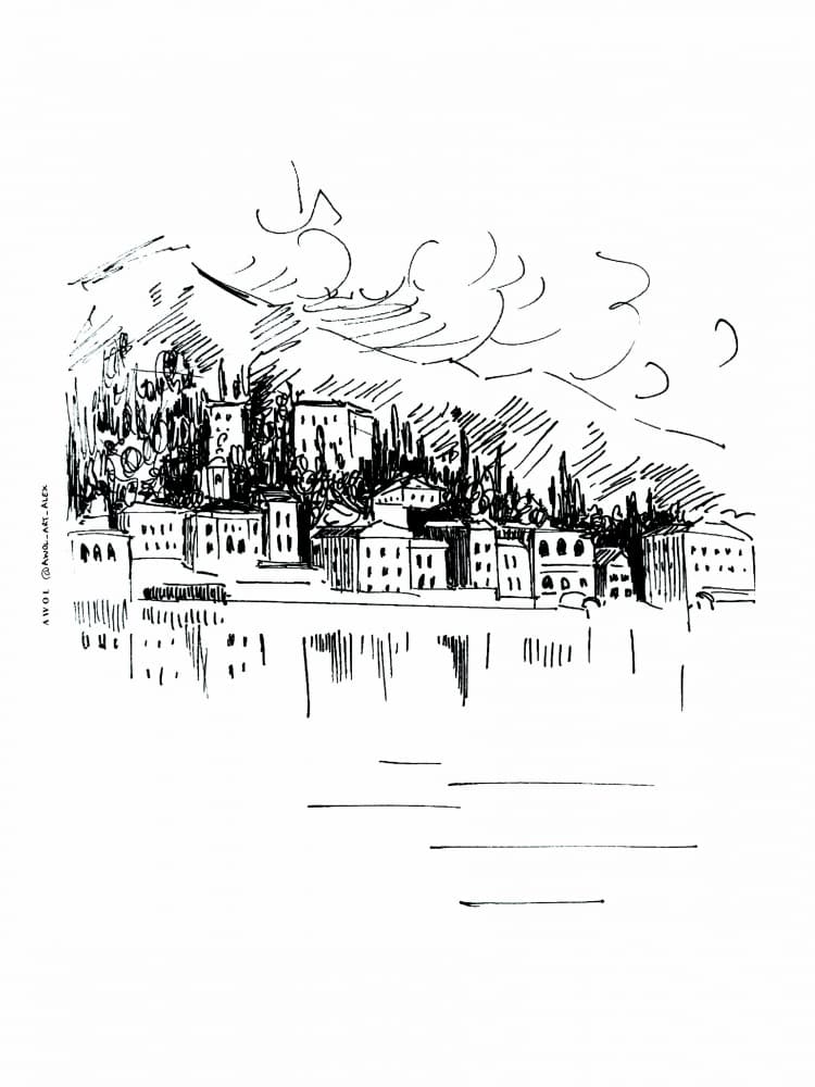 Hillside Town Sketch by Awol Art Alex — canvas wall art