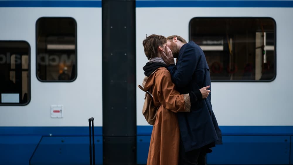 Romantic Train Kiss by Jochen Bongaerts — canvas wall art