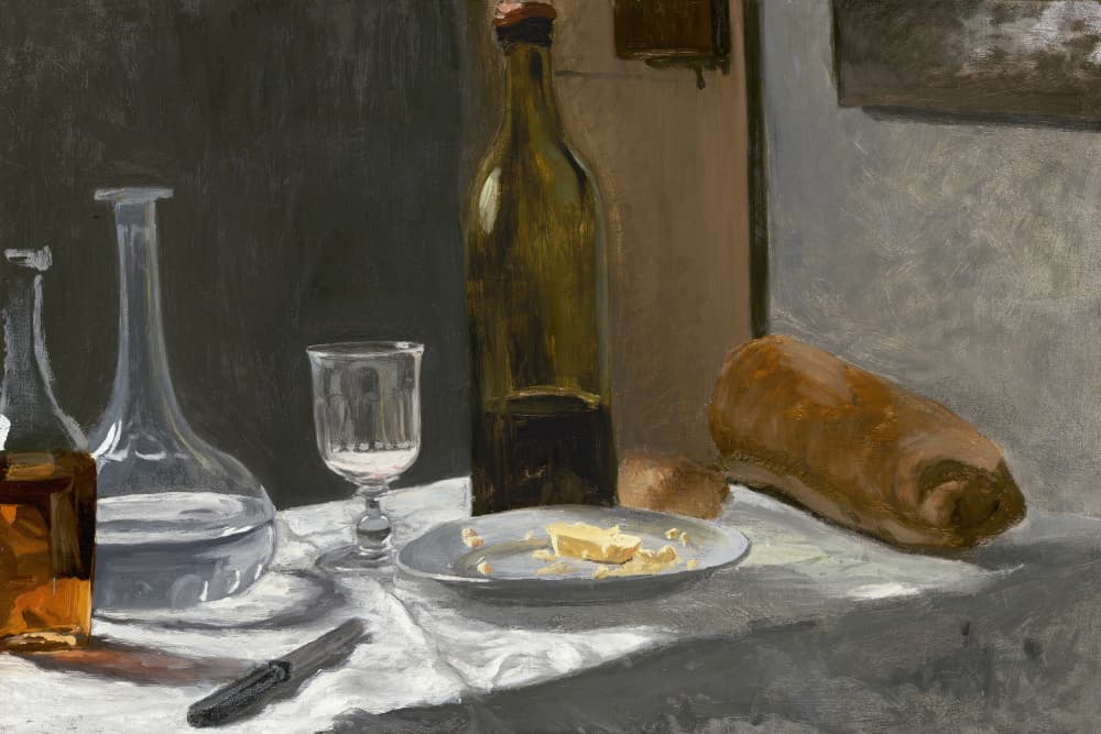 Still Life With Bottle, Carafe, Bread, and Wine (1862–1863) By Claude Monet by Claude Monet — canvas wall art