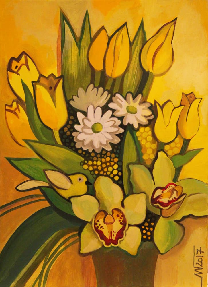 Bright Yellow Bird Bouquet by Marina Gorkaeva — canvas wall art