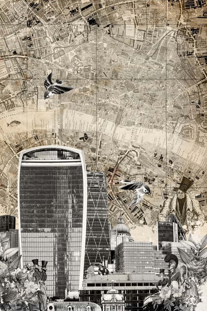 London Vintage Cityscape Collage by Simon Goggin — canvas wall art