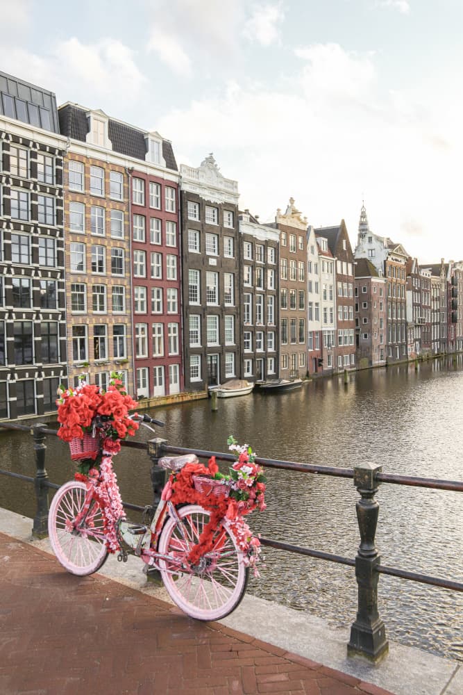 Pink Bicycle Amsterdam Canal by Henrike Schenk — canvas wall art