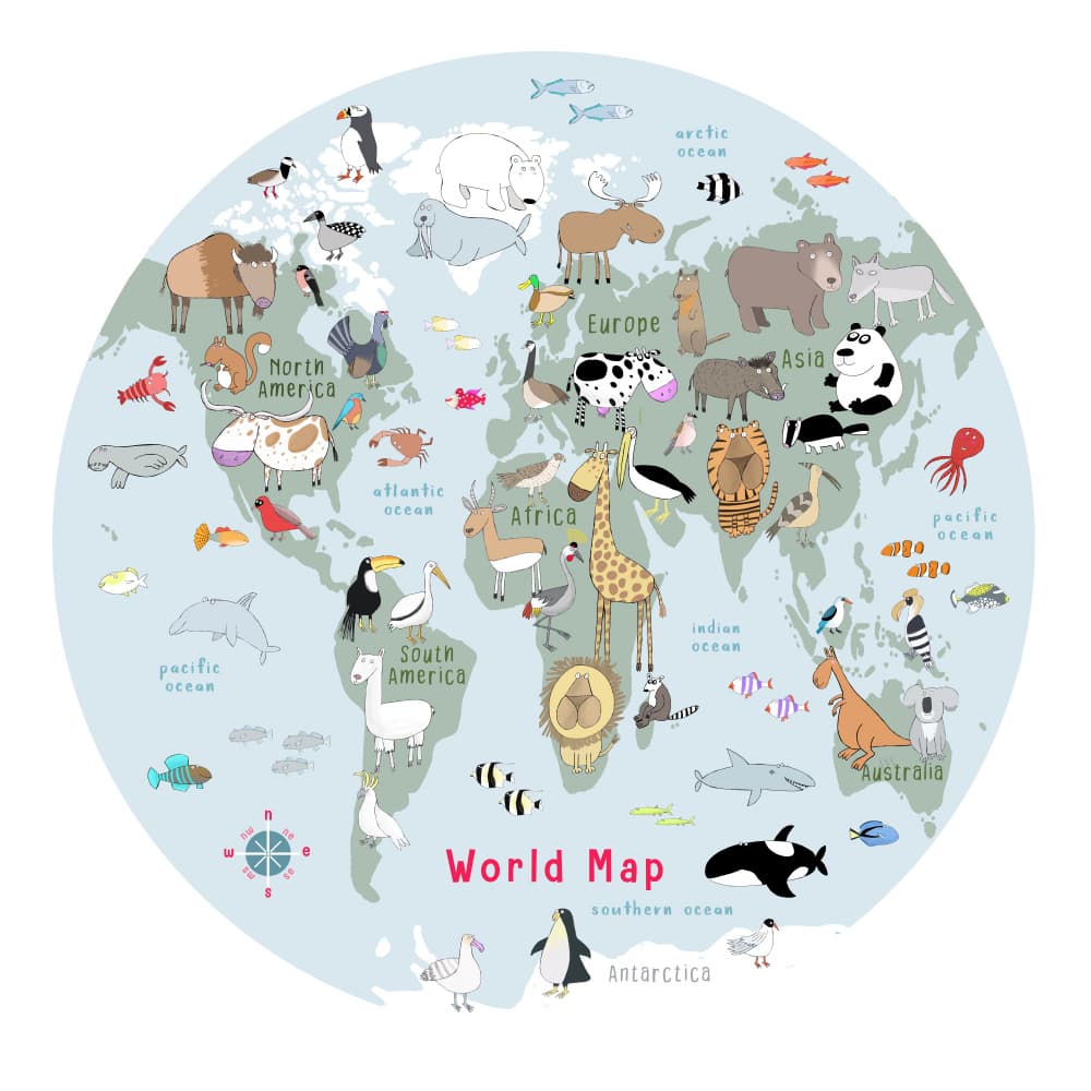 Cute Animal World Map by Carla Daly — canvas wall art