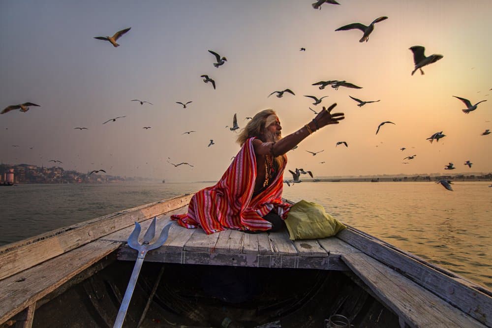 Varanasi Holy Man Birds by Rajat Dawn — canvas wall art