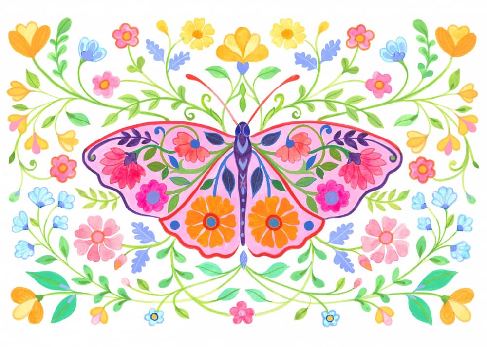 Colorful Butterfly Surrounded By Floral Motifs by Isabelle Brent — canvas wall art