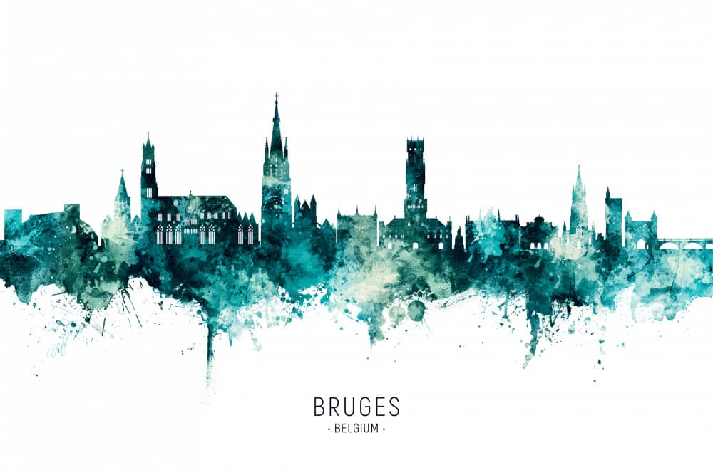 Bruges Watercolor Skyline by Michael Tompsett — canvas wall art