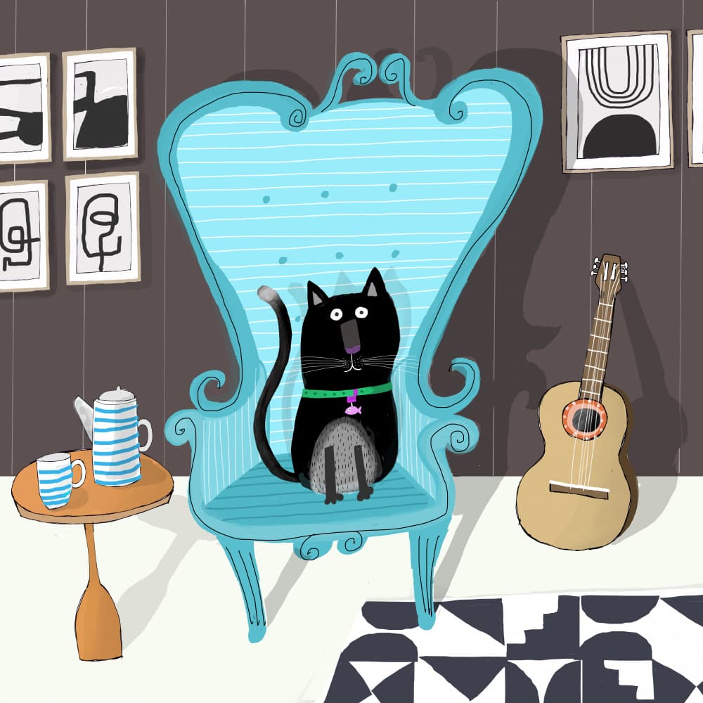Black Cat Blue Armchair by Carla Daly — canvas wall art