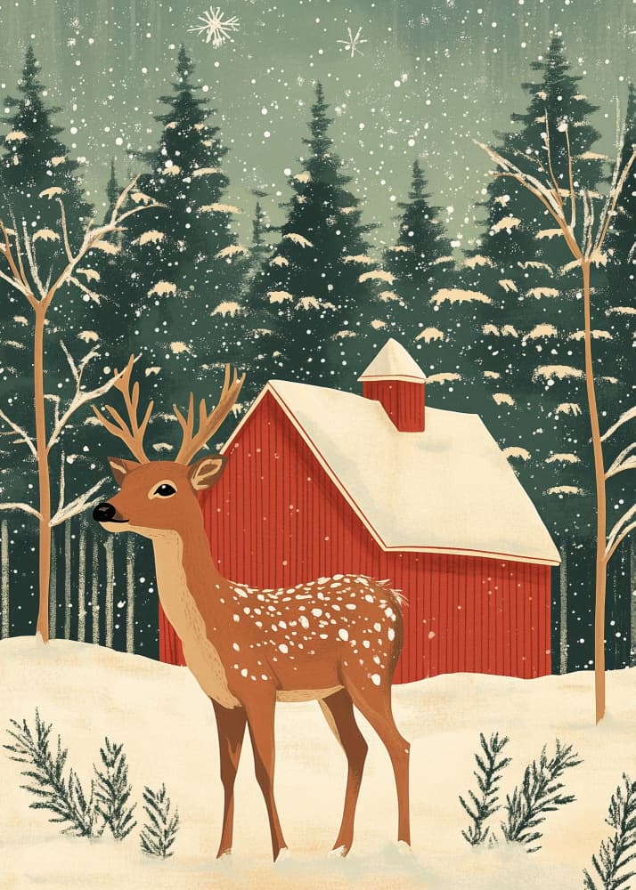 Winter Deer Red Barn by Pictufy Studio IV — canvas wall art