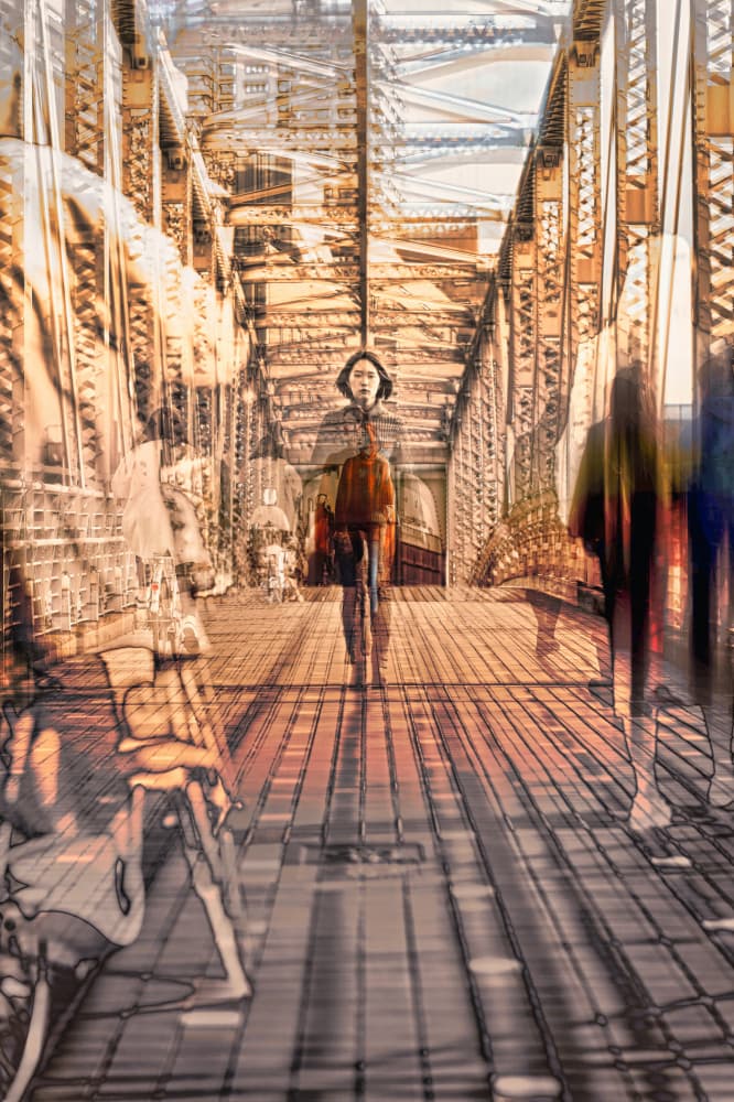 Woman Walking City Bridge by moucorn — canvas wall art