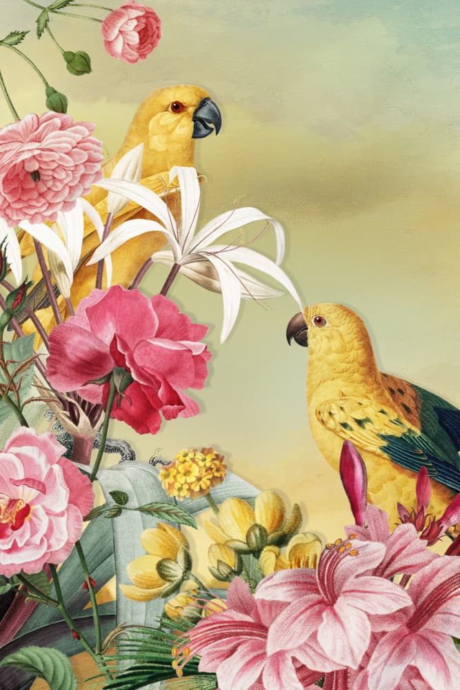 Tropical Parrots and Flowers by Marja van den Hurk — canvas wall art