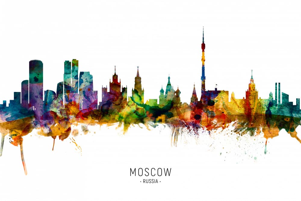 Moscow Watercolor Skyline by Michael Tompsett — canvas wall art