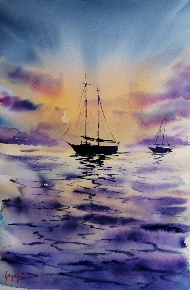 Purple Sunset Sailboats by Giorgio Gosti — canvas wall art