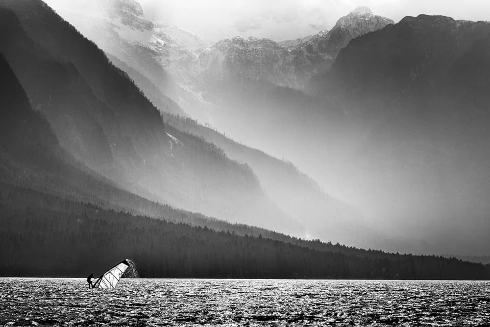 Misty Mountain Windsurfing by Kristjan Rems — canvas wall art