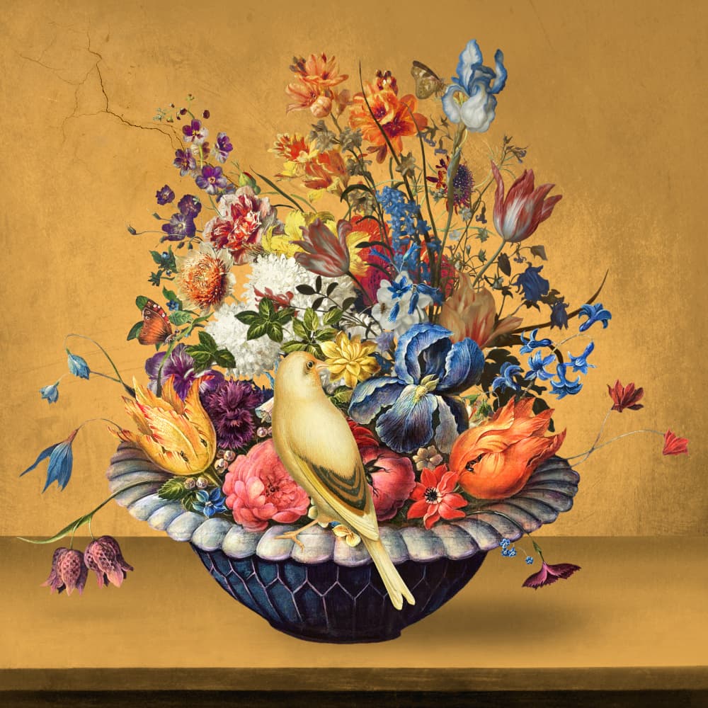 Vibrant Flowers with Bird by Marja van den Hurk — canvas wall art
