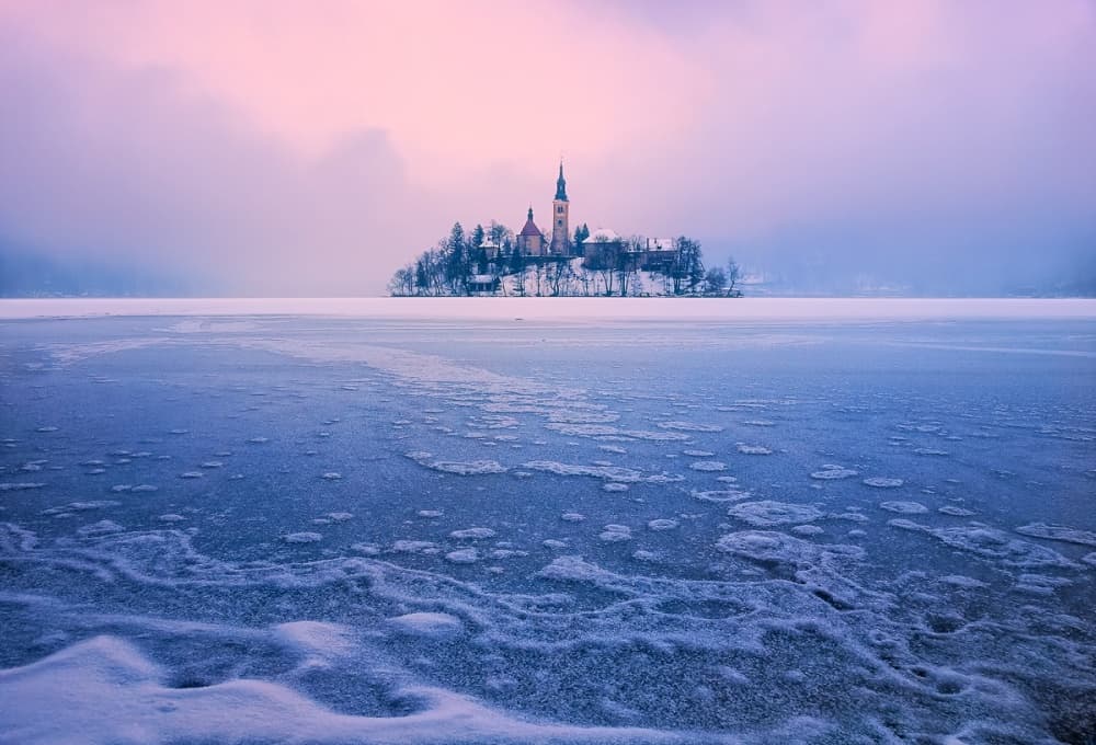 Winter Lake Bled Island by Ales Komovec — canvas wall art