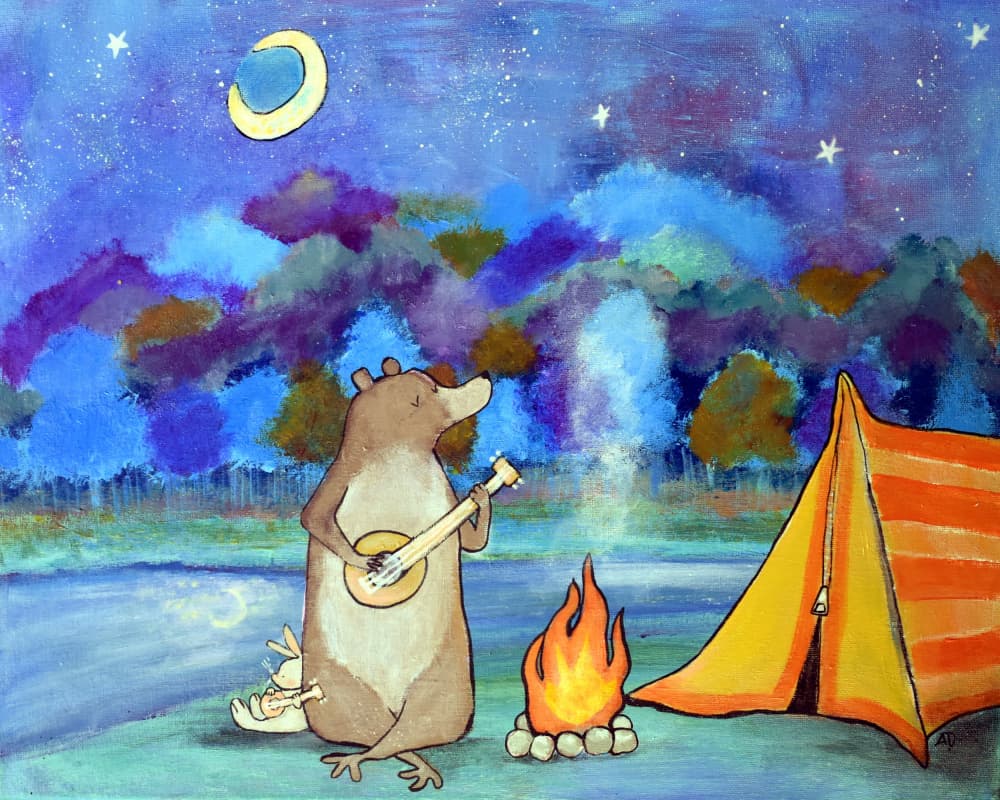 Bear Plays Banjo Camping by Andrea Doss — canvas wall art