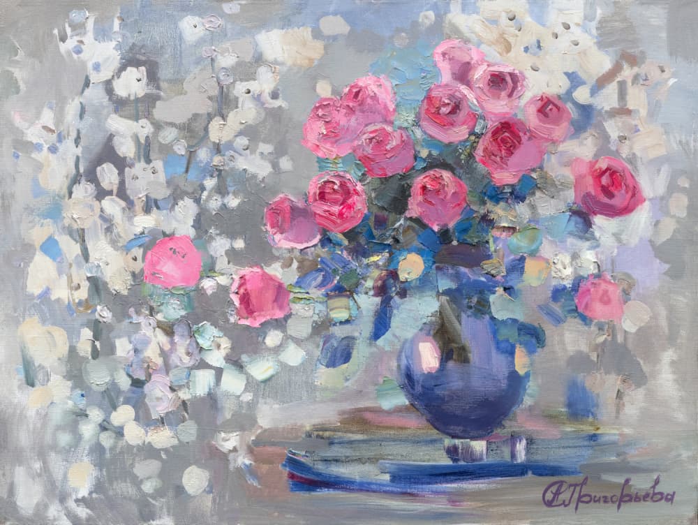 Vibrant Pink Roses Blue Vase by Anastasiia Grygorieva — canvas wall art