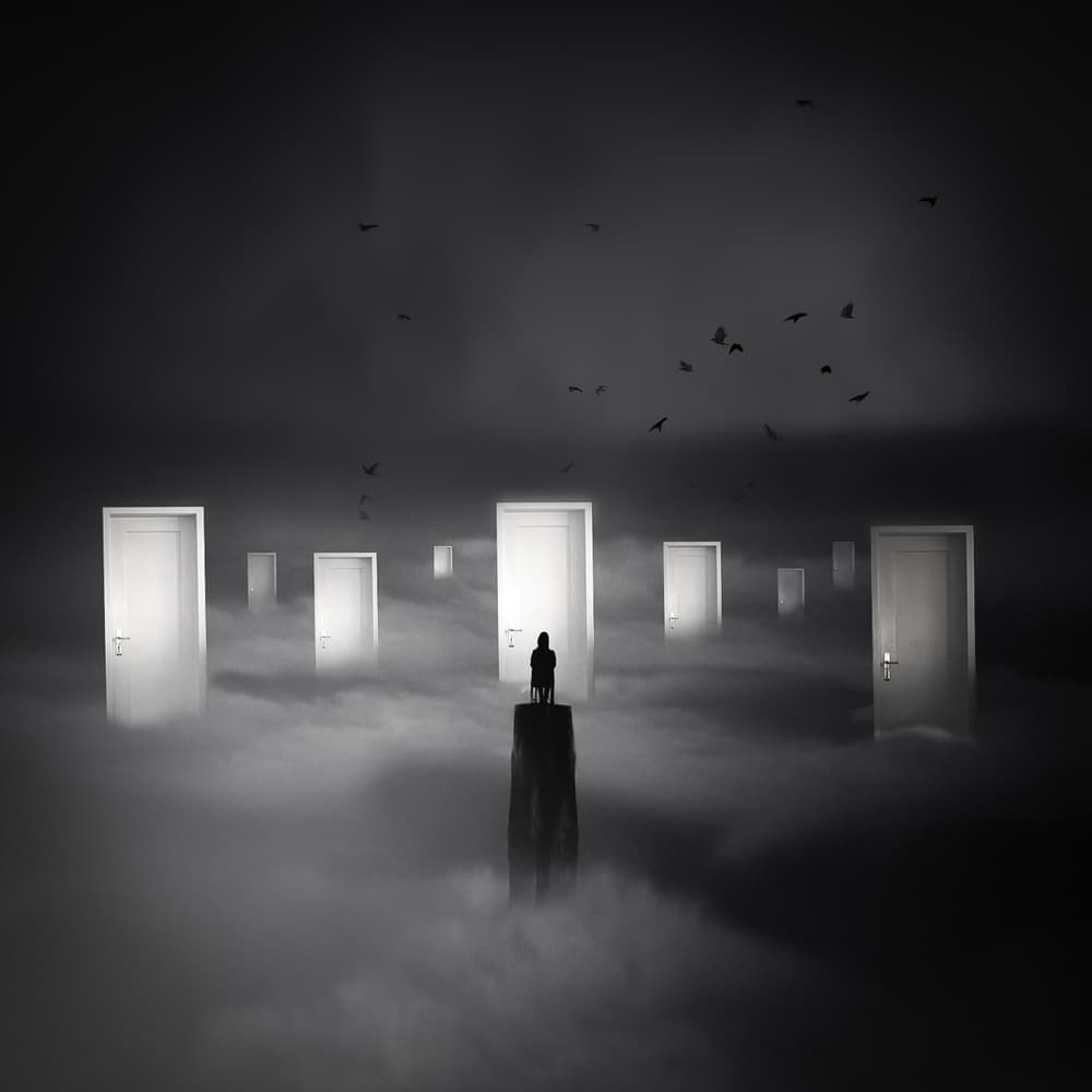 Solitary Figure Many Doors by Nic Keller — canvas wall art