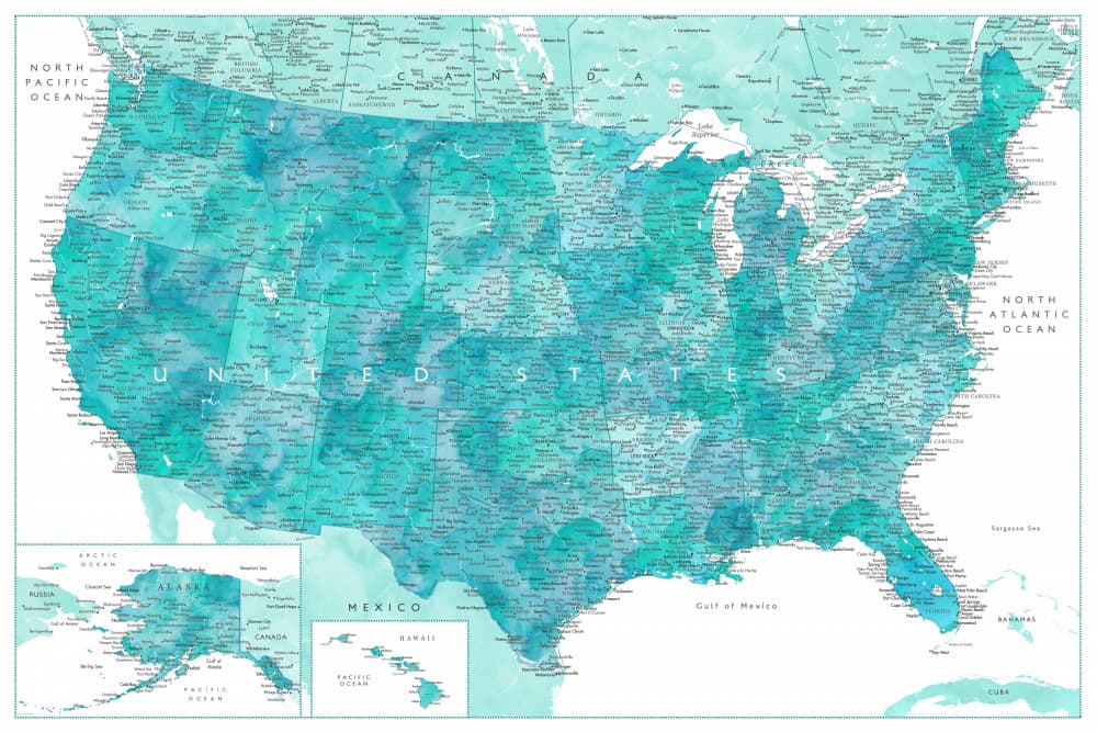 Teal United States Map by Rosana Laiz Blursbyai — canvas wall art