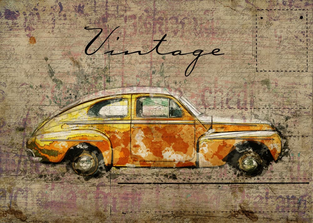 Vintage Orange Car by Lembayung senja studio [Vintage Poster] — canvas wall art