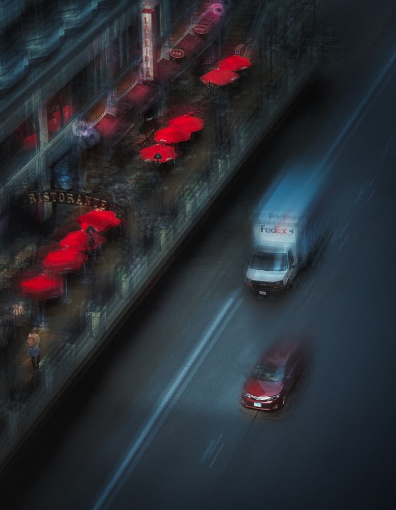 Urban Motion Red Umbrellas by Yun Gong — canvas wall art