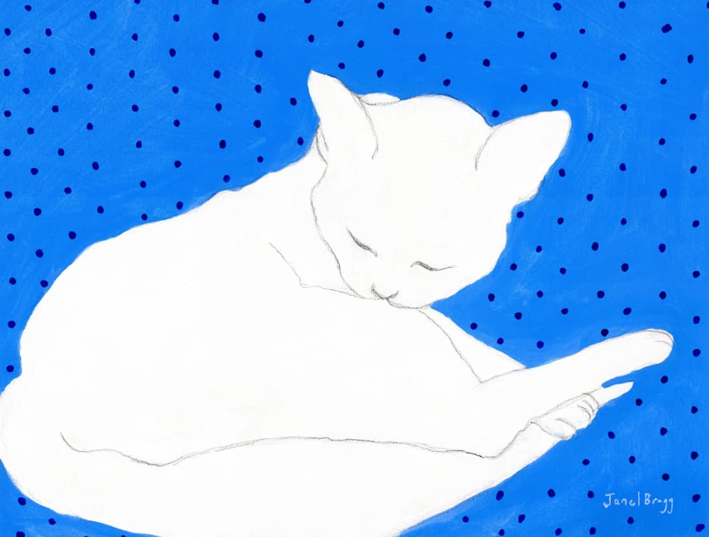 White Cat Blue Polka Dots by Janel Bragg — canvas wall art