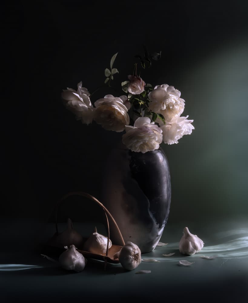 Peonies and Garlic Still Life by Judy Tseng — canvas wall art