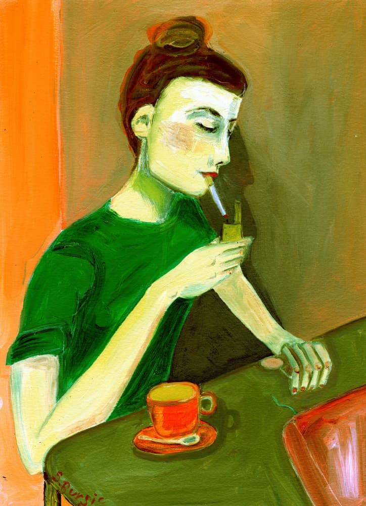 Pensive Woman Coffee Break by Sharyn Bursic — canvas wall art
