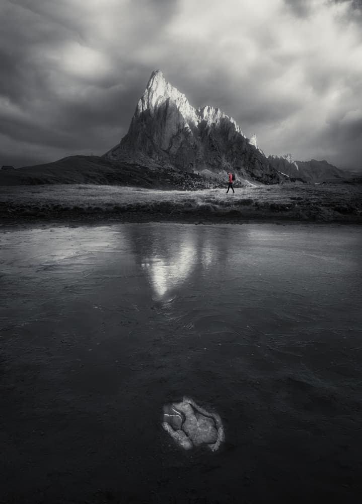 Solitary Hiker Mountain Reflection by Gu and Hongchao — canvas wall art
