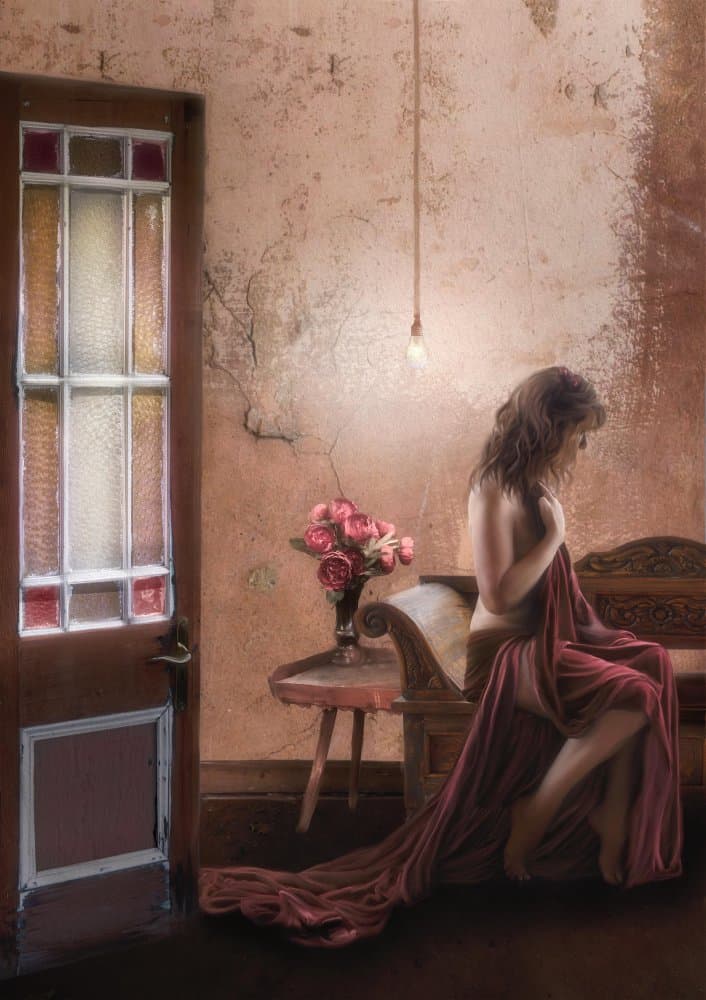 Pensive Woman Red Draping by Charlaine Gerber — canvas wall art