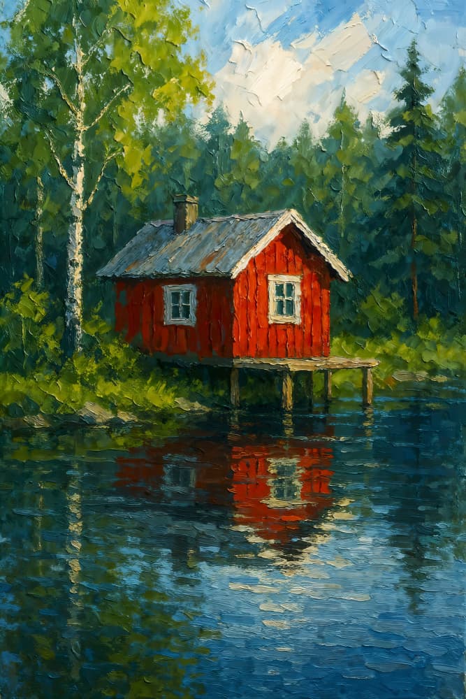 Red Cabin Lake Reflection by Natalie Bruns — canvas wall art