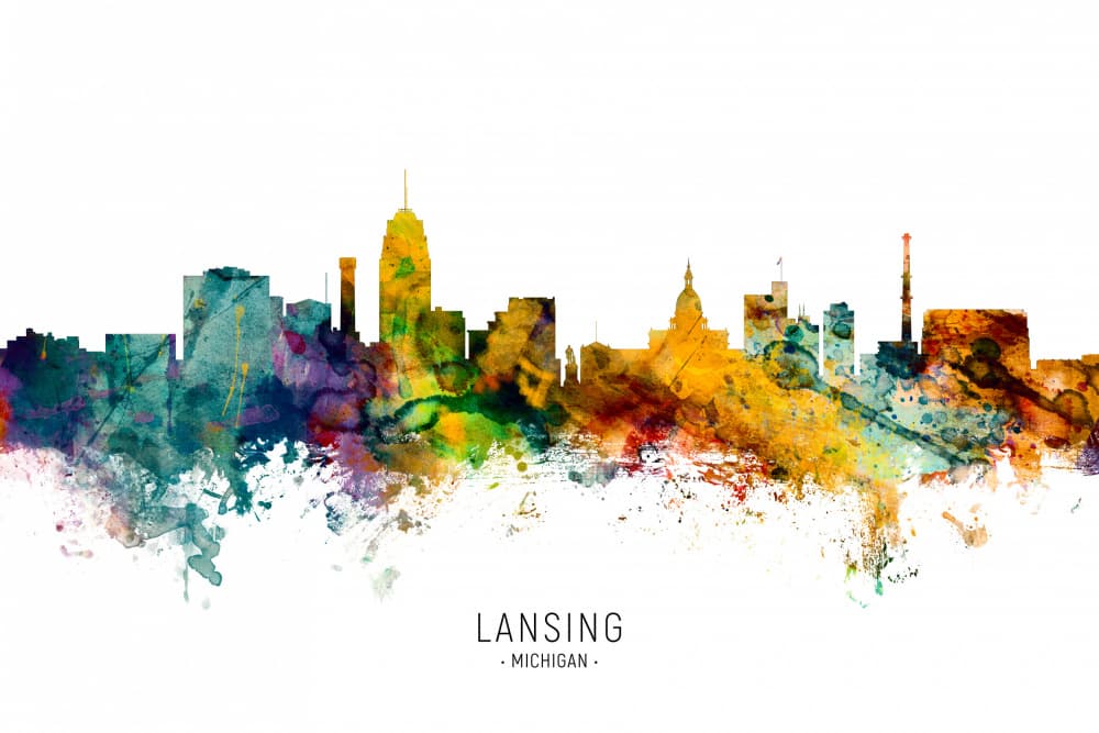 Lansing Michigan Skyline Watercolor by Michael Tompsett — canvas wall art