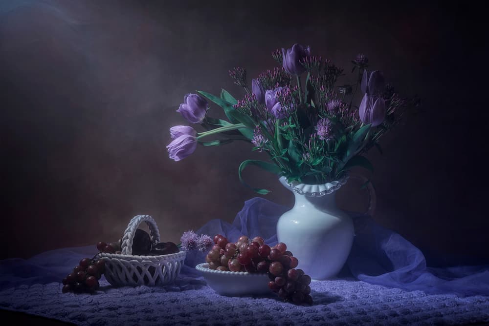 Purple Tulips Still Life by Lydia Jacobs — canvas wall art