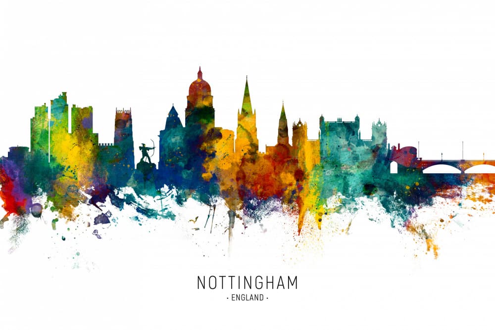 Nottingham Skyline Watercolor by Michael Tompsett — canvas wall art