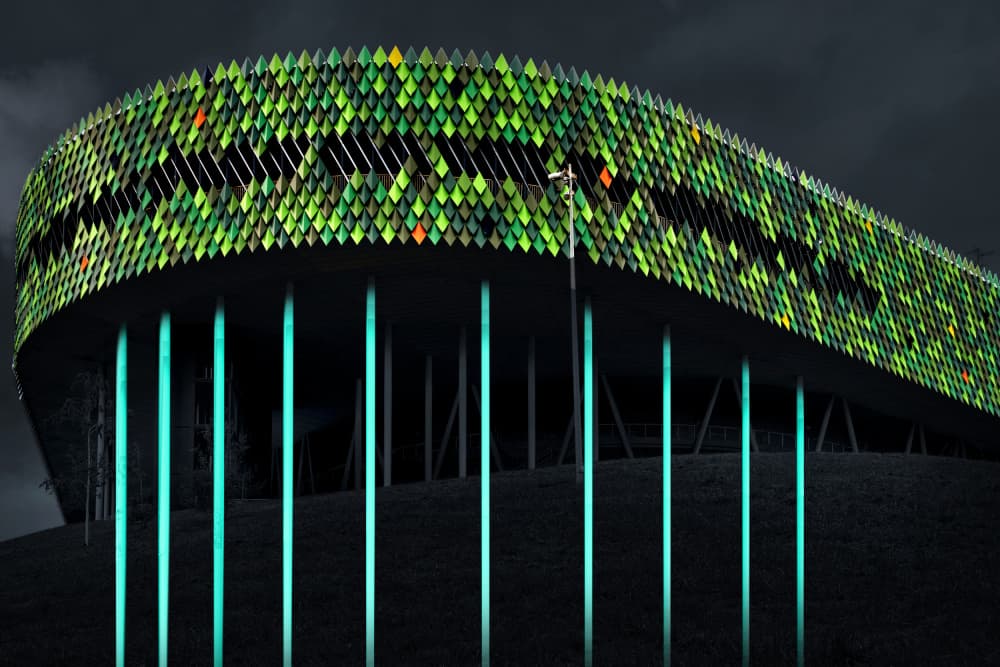 Green Facade Night Glow by Erhard Batzdorf — canvas wall art