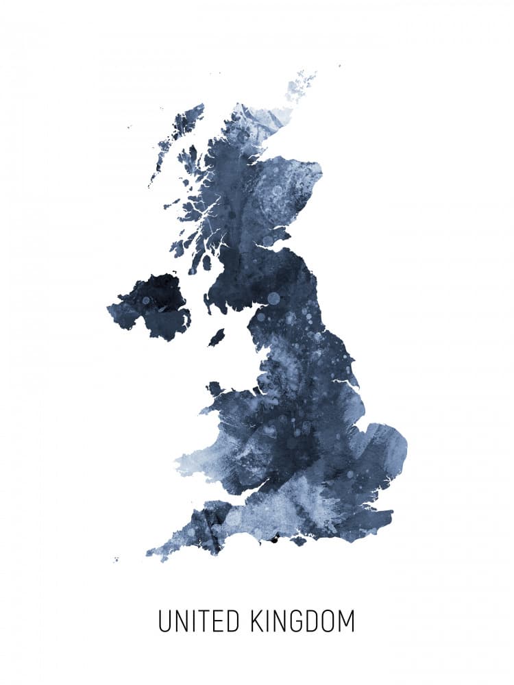 United Kingdom Watercolor Map by Michael Tompsett — canvas wall art