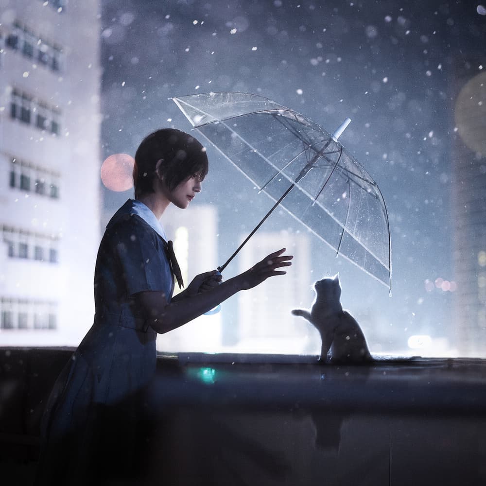 Girl Cat Under Umbrella by Terry F — canvas wall art