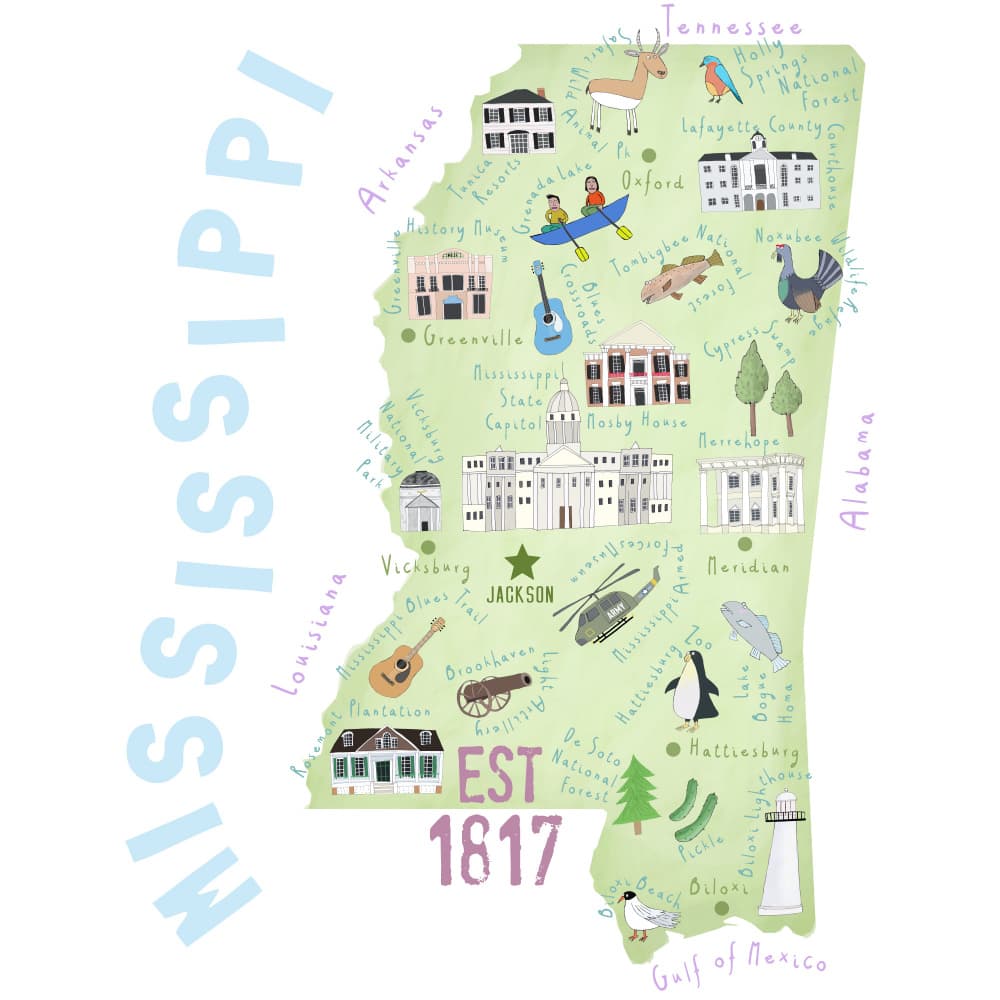 Whimsical Mississippi Map by Carla Daly — canvas wall art