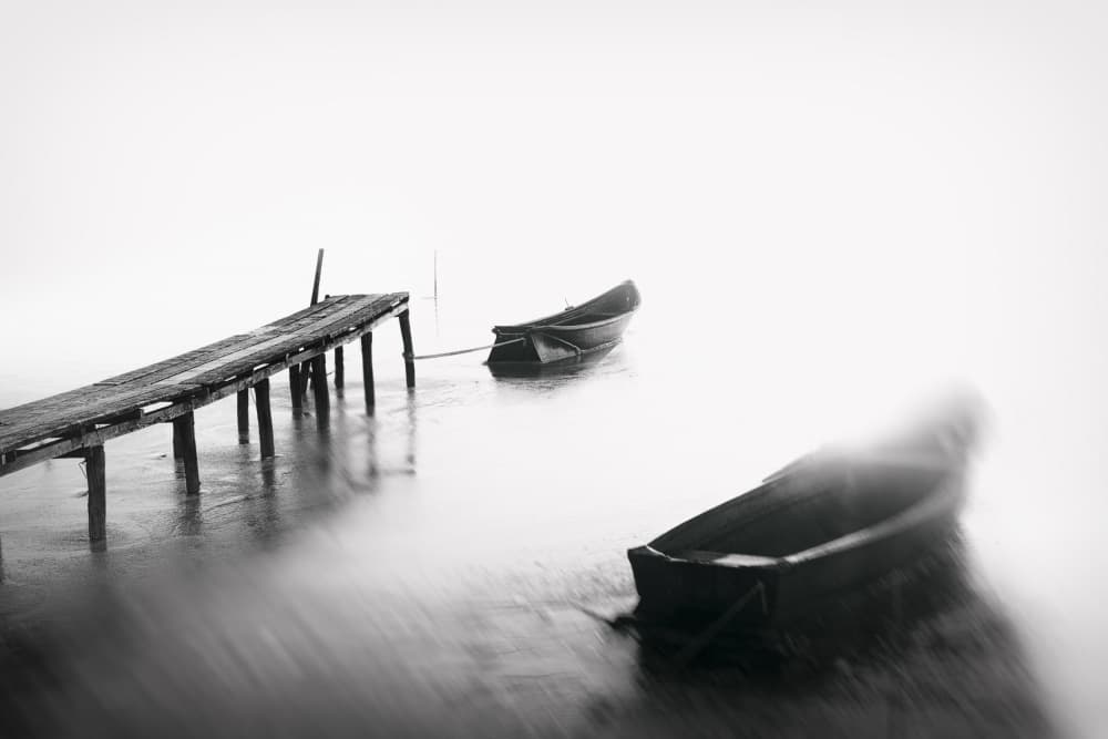 Misty Dock Boats by Anghel Rusu — canvas wall art