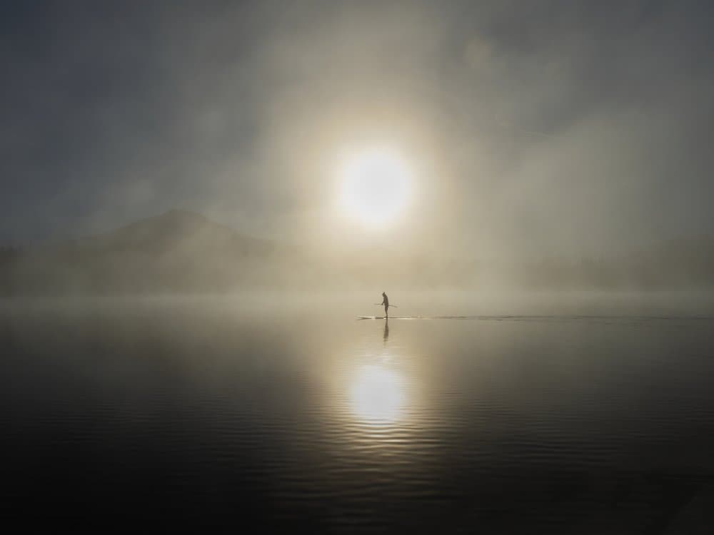Misty Lake Paddle Boarder by Ronald Scott Johnson — canvas wall art