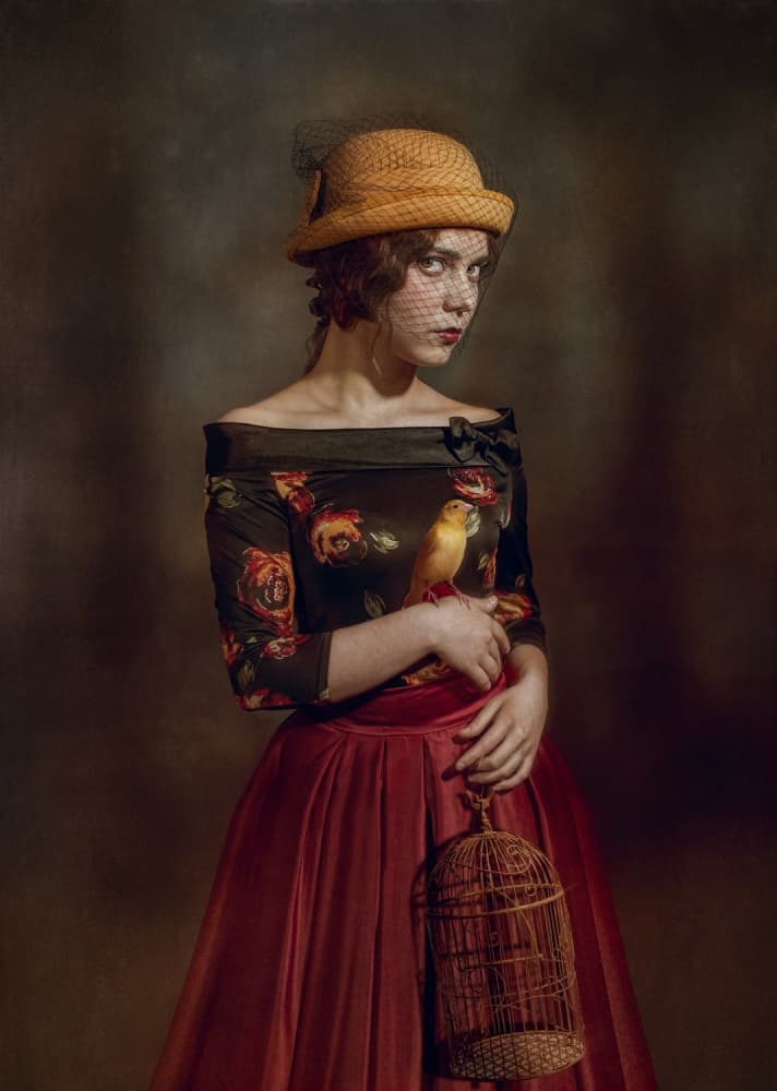 Vintage Woman with Canary by Svetlana Melik-Nubarova — canvas wall art