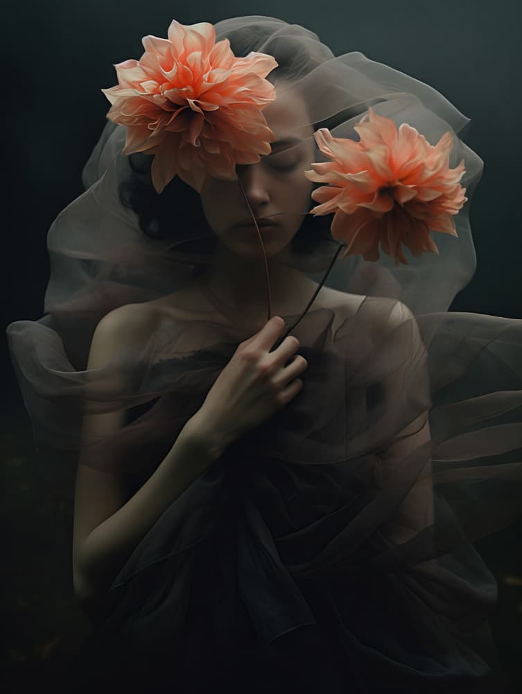 Ethereal Woman With Dahlias by Bilge Paksoylu — canvas wall art