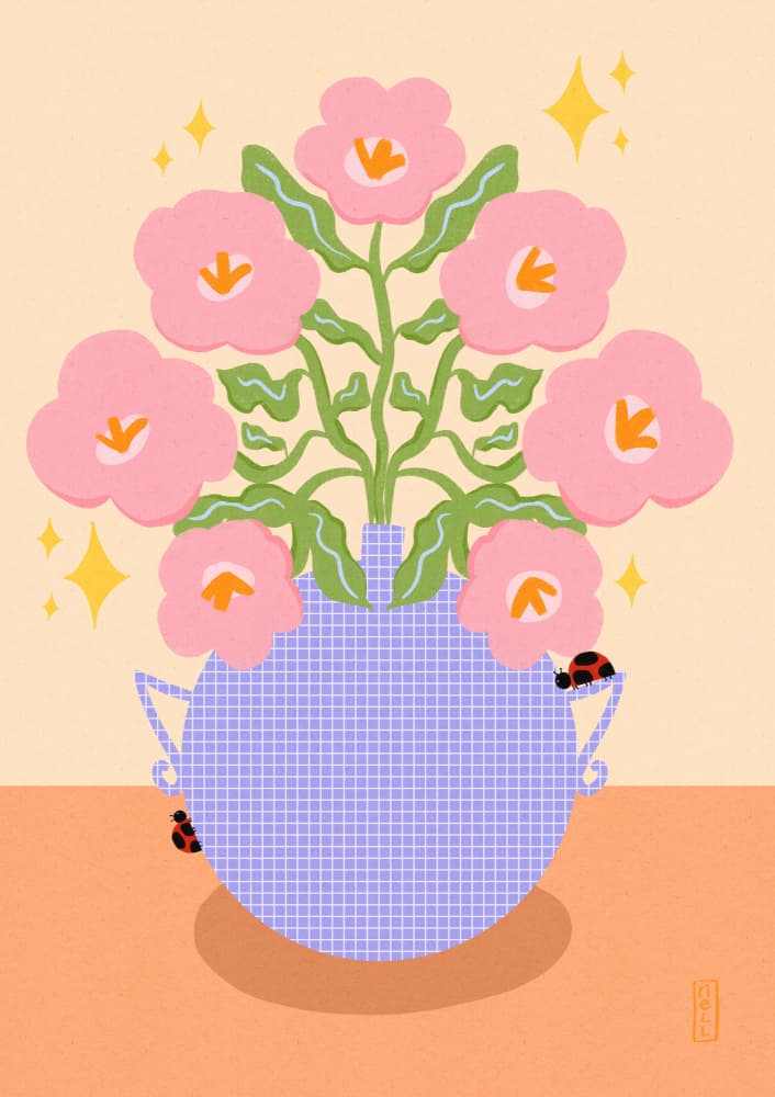 Pink Blooms and Ladybugs by Dirkie Nell — canvas wall art
