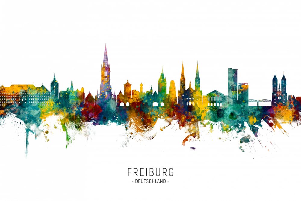 Freiburg Watercolor Skyline by Michael Tompsett — canvas wall art