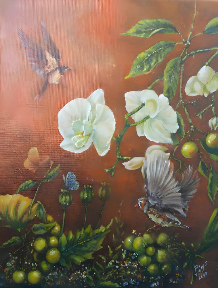 White Orchids and Birds by Anda Bieza — canvas wall art