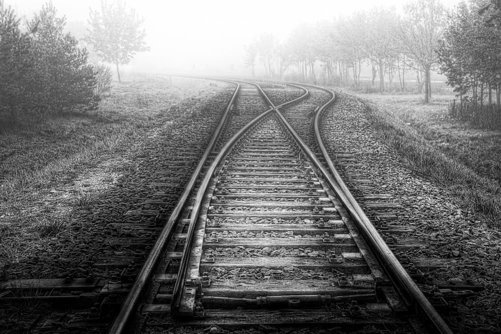 Misty Railroad Junction by Roswitha Schleicher-Schwarz — canvas wall art
