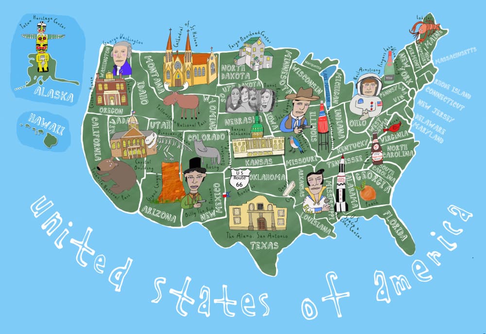 Whimsical USA Map by Carla Daly — canvas wall art
