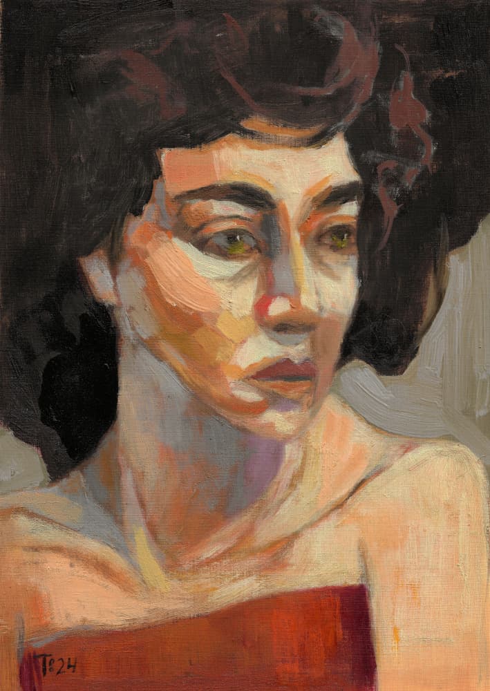 Contemplative Woman in Red by Tore Bahnson — canvas wall art