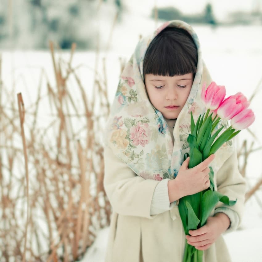 Pensive Girl Pink Tulips by Svetlana Bekyarova — canvas wall art
